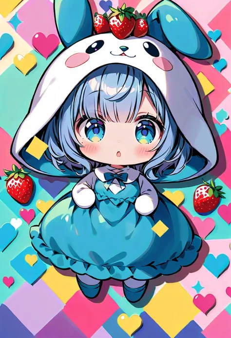  cute、 Sanrio、 plush toy、 wear a blue rabbit costume that loves strawberries、colorful geometric pattern background 、