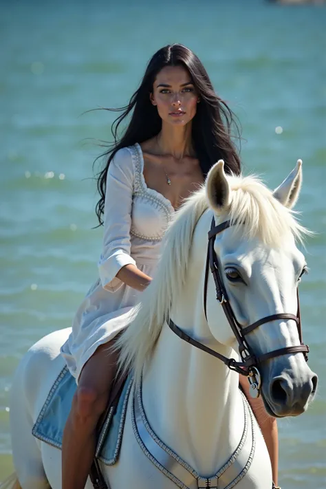  beautiful European woman with long black hair on a beautiful,  completely white horse ,  the woman is wearing white and blue clothes ,  the horse is wearing a silver saddle and reins and has a long mane , In the background is water  