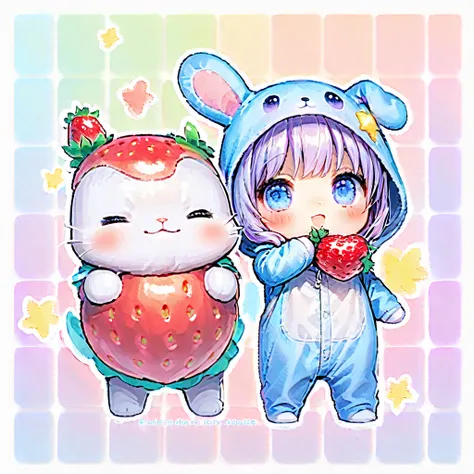  cute、 Sanrio、 plush toy、 wear a blue rabbit costume that loves strawberries、colorful geometric pattern background 、