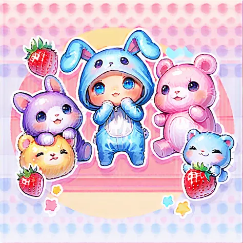  cute、 Sanrio、 plush toy、 wear a blue rabbit costume that loves strawberries、colorful geometric pattern background 、