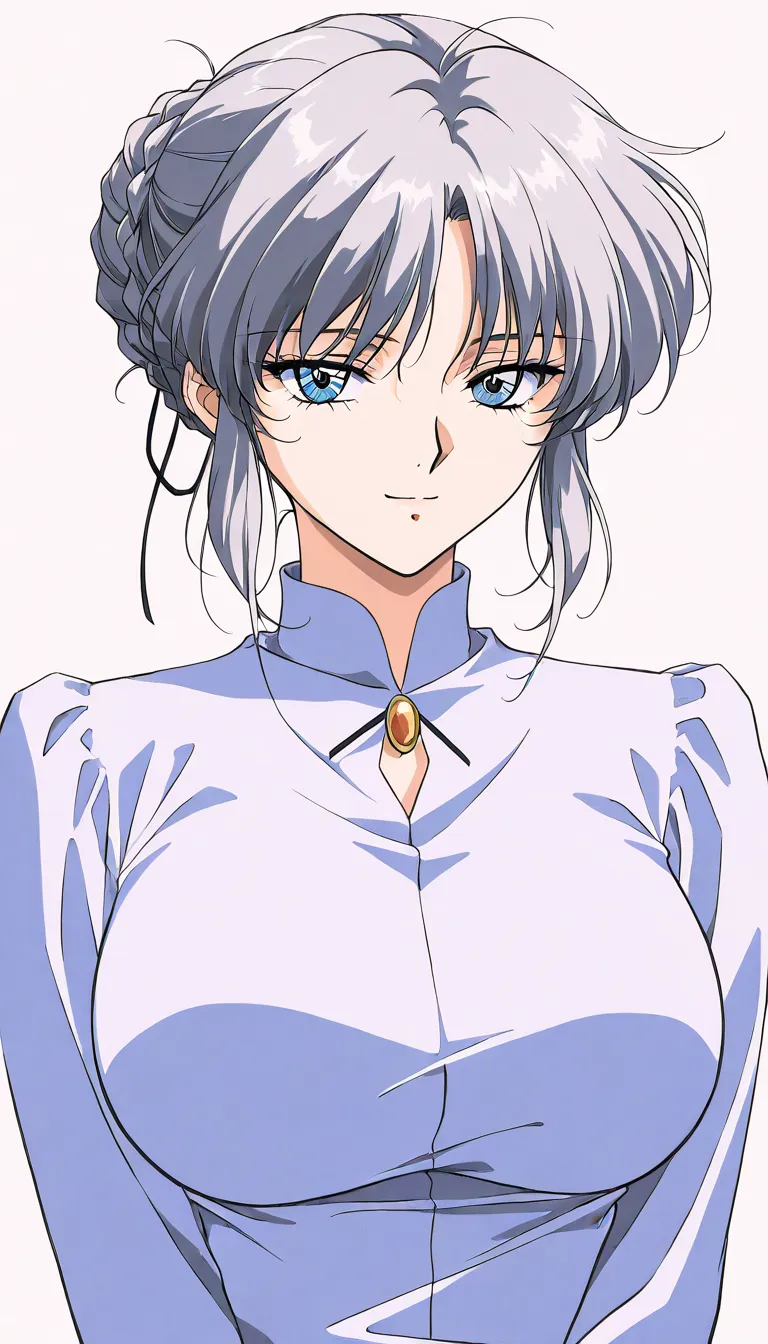  general , high resolution,  more details, so beautiful, best quality , Blake Tachibana _Yumi、 1 woman、(Alone)、 Silver Hair、 short hair、( Gathered Hair、braided bun)、blue eyes、 huge breasts 、 bangs、1990s ( style)、(tsurime 、slanted eyes、highest quality eyes)...