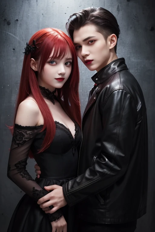 Masterpiece,  best quality ,  high resolution,  1 girl, Alone, Modern Vampires, Red Hair,  long hair, Open Hair,  Red Eyes,  wicked smile ,  there were two boys on either side of her, both vampires with Red Hair, Red and black outfit, Scary Background