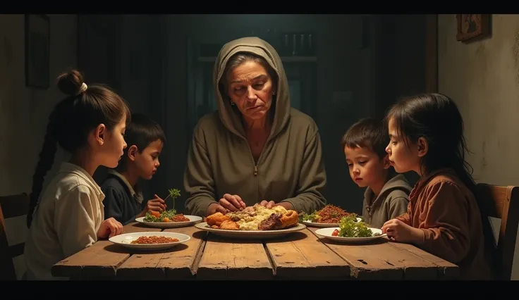 A dimly lit home with a mother and younger siblings sitting at a simple wooden table, eating a very small meal.