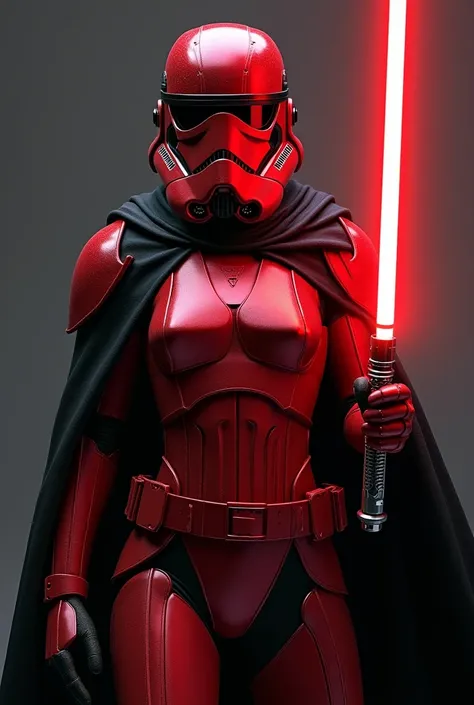 Sexy female stormtrooper (Star Wars), armored leotard, red steel helmet, red steel armor, red steel mask, wearing black cape, holding red lightsaber