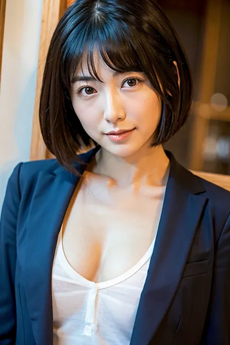 35-year-old Japanese woman with small breasts and short black hair、 open chest shirt、 sexy、 cafe