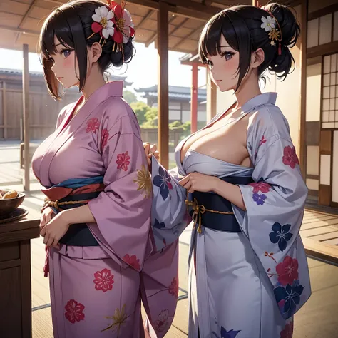 woman、 Japanese festival、Bon Odori、Yukata、 their yukata is bare and their breasts are exposed 、楽しそうにBon Odoriをしてる、I have a fan、 I'm putting my hair up、 big breasts、 wear a waistband to emphasize the thinness of the waist、 big butt