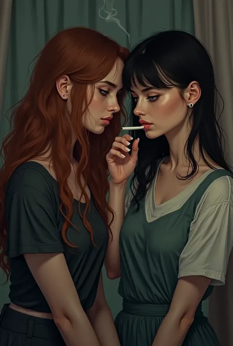 long haired bearded girl, with short bangs mustached girl, girl smoking cigarette