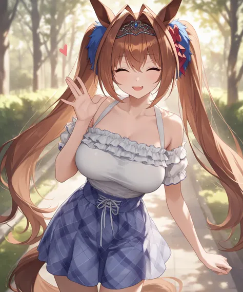 very awa, masterpiece, best quality, newest,  highres, absurdres、 There is only one 、 Daiwa Scarlet、Uma Musume　 Daiwa Scarlet、 twin tails、Reddish brown hair、 c cup breasts、light brown hair、 white ruffled clothes、 pale light blue skirt 、Outdoors、Lush green ...