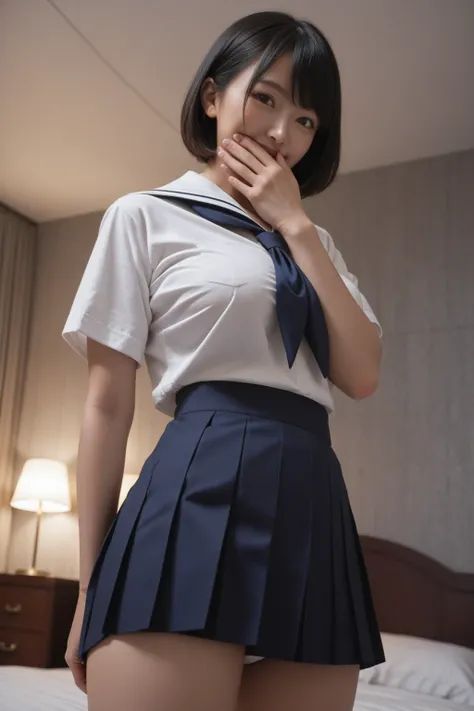 realistic,detailed background,at gorgeous bedroom in hotel,black marble wall,(golden bedspread),dark room,school uniform,covering mouth with hand,short hair,,black hair,(tanned skin:0.3),,short japanese girl,ashamed smile,(voluptuous body:1.2),huge buttock...