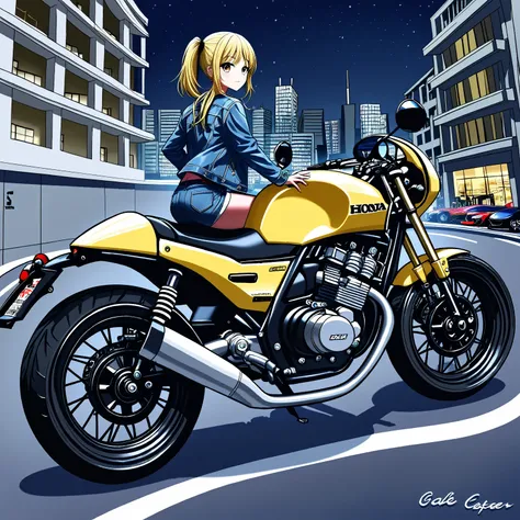 One cafe racer tuned motorcycle/CBX400F/One Girl Riding {/ Ouka-chan/}、 HONDA Racing Inline 4 Cylinder Engines 、 Titanium Frame 、Titanium full exhaust pipe 、 Magnesium Wheels 、Race Tires 、 racer separate handle、 racer back step 、 Competition Vehicles witho...