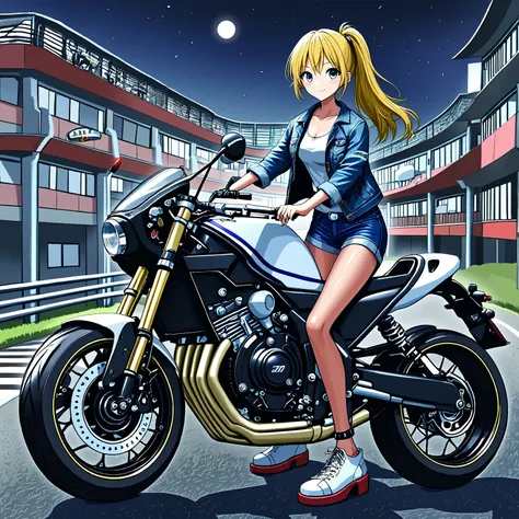 One cafe racer tuned motorcycle/CBX400F/One Girl Riding {/ Ouka-chan/}、 HONDA Racing Inline 4 Cylinder Engines 、 Titanium Frame 、Titanium full exhaust pipe 、 Magnesium Wheels 、Race Tires 、 racer separate handle、 racer back step 、 Competition Vehicles witho...