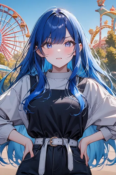  alone, female,  blue hair,  blue eyes,  long hair,  Straight Hair , expressed eyes, fall outfit,  stylish, Annoyed face,  Put your hands on your waist and spread your arms, Looking in front of the camera,  medium chest , adult, Amusement park background