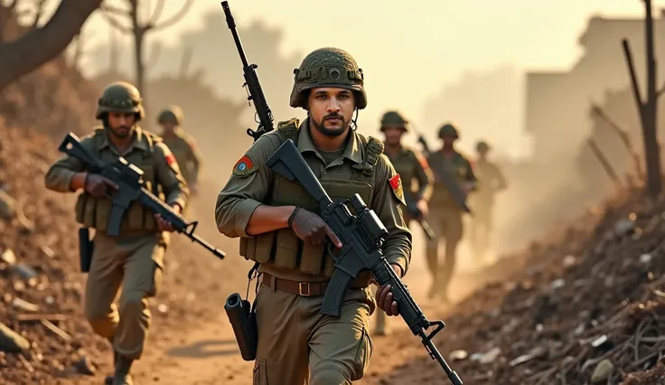 An intense scene capturing the Indian military in action — armed soldiers cautiously entering a war-torn Indian village in ruins. The landscape is devastated with collapsed houses, burning remnants, and shattered trees. Dust and smoke fill the air, casting...