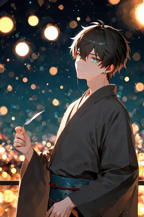 1boy, solo, male focus, dan heng /(honkai: star rail)/, intricate male kimono, night, stars, bokeh, masterpiece, best quality, amazing quality, very aesthetic, absurdres, modern, recent, newest