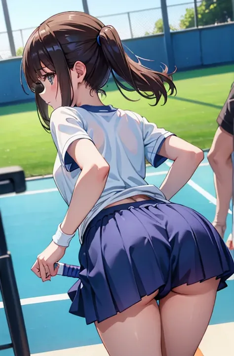  beauty、 dynamic angle、 focus girl at the tennis venue、 bloomers in school gym clothes、 t-shirts、 rear view、 beautiful ass、