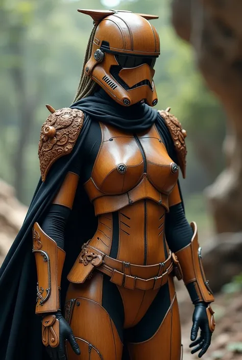 Sexy female stormtrooper (Star Wars), armored leotard, wood helmet, wood armor, wood mask, wearing black cape