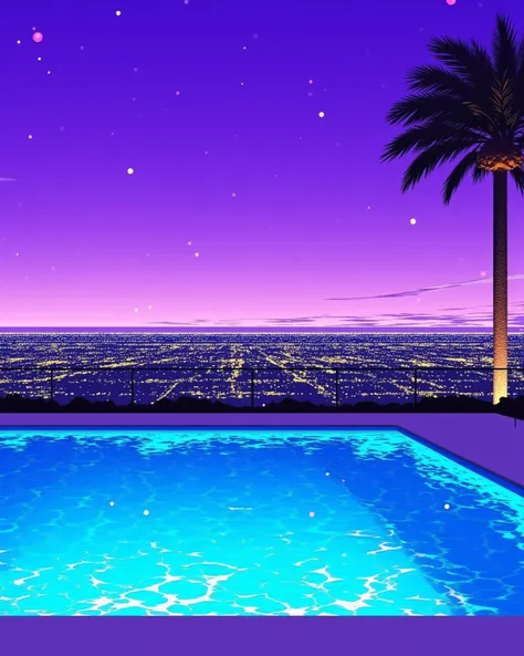 80's city pop art, purple sky, particles, wind lines, palm tree, cityscape, glowing swimming pool, fluctuation of water surface, the rippling water surface. twilight,   . creating a stylish atmosphere and an extraordinary resort feel, Instagrammable. 

The...