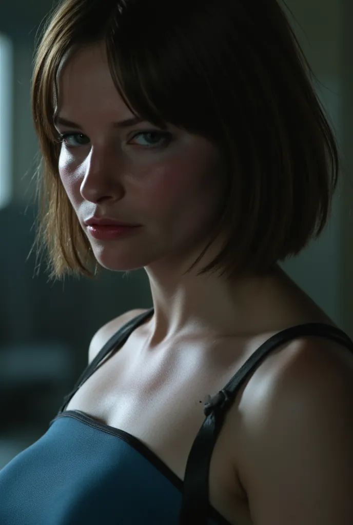 Sienna Guillory as Jill Valentine, black boots, black hair, short black skirt, blue top, Resident Evil Apocalypse, superb Native 4K ULTRA HD quality, gorgeously detailed closeup, ultra detailed intricate true sienna eyes with all fibers and inner shadows, ...