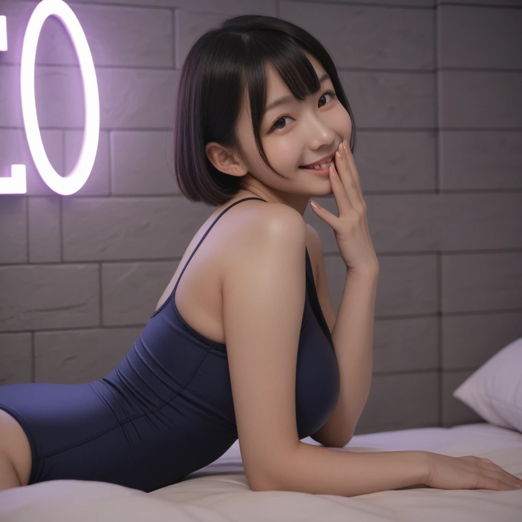 realistic,detailed background,at dark bedroom in hotel,(purple dark light,black marble wall,golden bedspread),neon light,navy one-piece school swimsuit,covering own nose and mouth with own hand,black hair,(tanned skin:0.3),,short japanese girl,(tareme),bea...