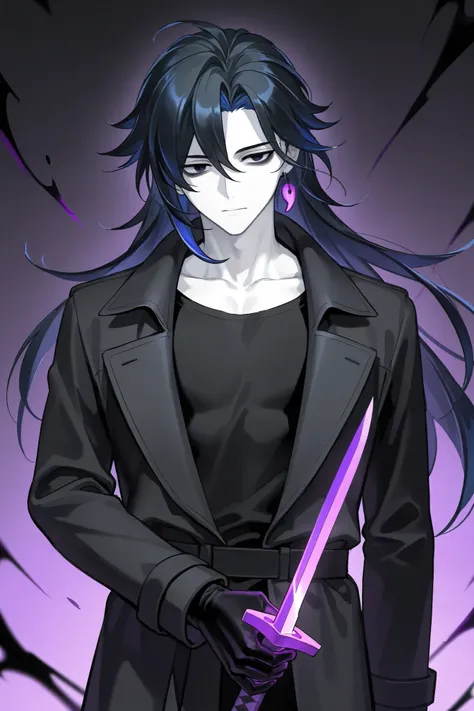  male 、 black hair、   long hair、 Darkness 、暗い青 eyes、   Hi-Res、 Super Fine、whole body、   white skin、  Hand of the Universe 、  、  Genshin、   white skin 、Magatama earrings 、   best image quality 、 、  dark circles under eyes、 black coat 、  black t-shirt  、Jet ...