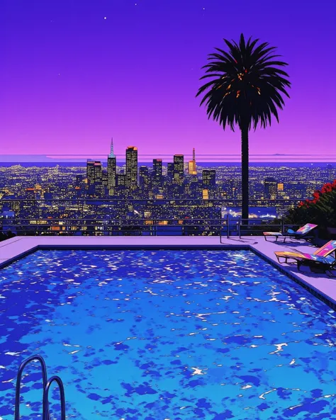 80's city pop art, purple sky, particles, wind lines, palm tree, cityscape, glowing swimming pool, fluctuation of water surface, the rippling water surface. twilight,   . creating a stylish atmosphere and an extraordinary resort feel, Instagrammable. 

The...