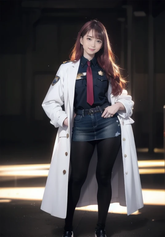   full body shot  、Red Hair、Beautiful female model portrait., Georgia Fowler,  beautiful face,  miniskirt、Cyberpunk City Dusk. She is wearing a white long coat.,  jeans negros ,  Dramatic Lighting, (Police Badge:1.2)