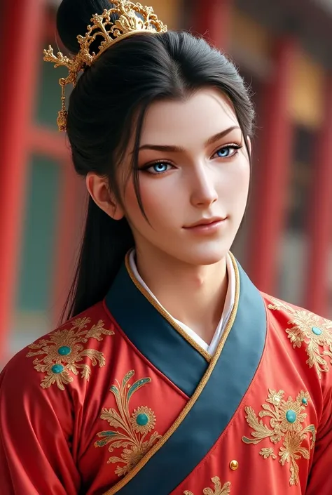 1 handsome Chinese guy. Half-pigtailed hair pulled back . Wearing a crown of hair on his head. Sharp eyes of sapphire color. handsome face . cute face .  smiling sweetly .  very handsome face . A Crown Prince of the Kingdom. Memakai hanfu sutra luxurious w...