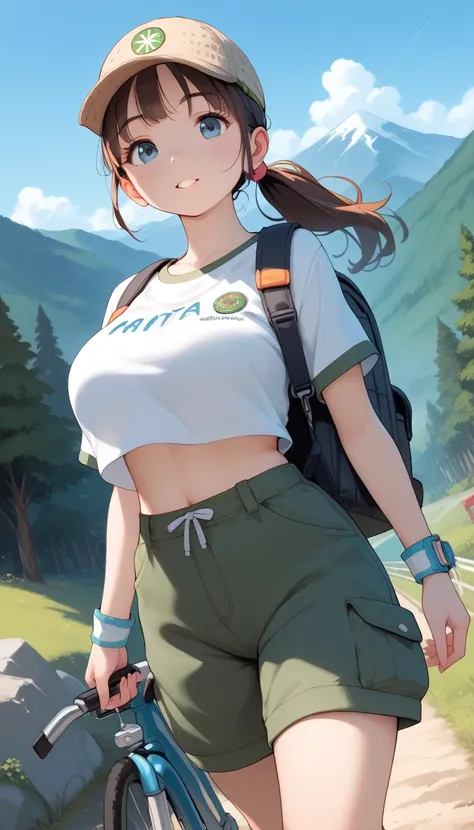 ((Busty Bitches)), score_9, score_8_up, score_7_up, source_anime, highly detailed, 1girl, ultra cute, ultra sexy, ultra curvy, ultra bouncy, ecchi, cutesy, mountain hiker, ponytail, hiking outfit, busting cleavage, depraved whore, wants to fuck you, lusty,...