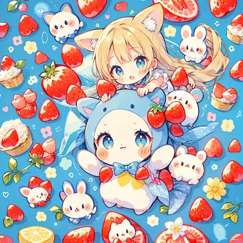  cute、 Sanrio、 plush toy、 wear a blue rabbit costume that loves strawberries、colorful geometric pattern background 、 characters、 stickers 、