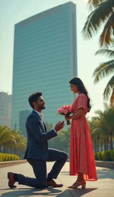 In front of a huge corporate office building, a 25 years old handsome Indian man is proposing a beautiful Indian woman who is 22 years old., the man holds a ring in his hand proposing to her with a Flower bouquet. Cinematic  scenes, cinematic lighting, ult...