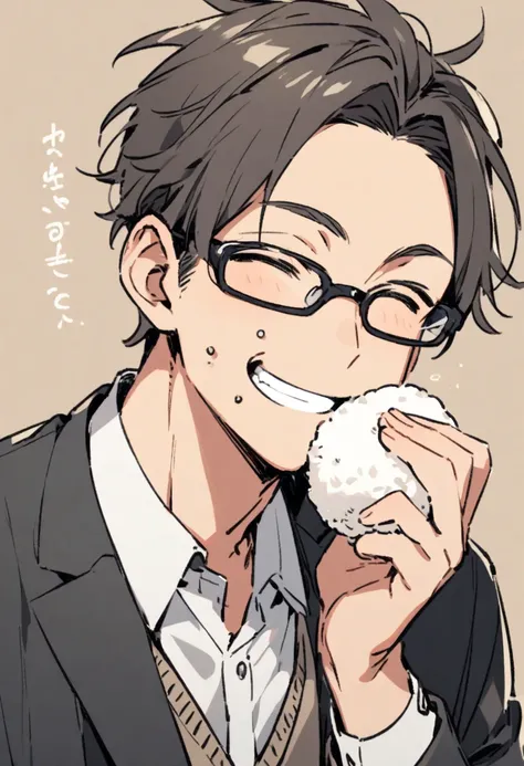 An ordinary businessman wearing glasses、Eating rice balls with a smile