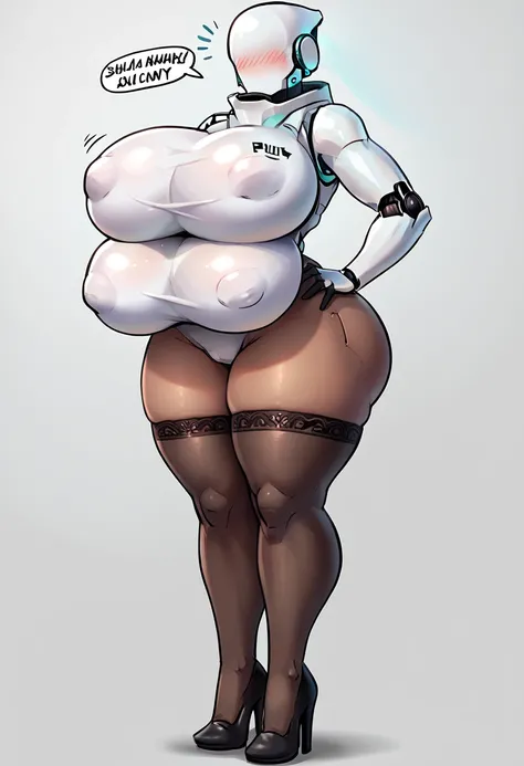 Haydee Robot, sexy, Gigantic breasts breast enlargement dark skin black body, sci-fi city, black high heels, blushing, white hair, big eyes, full-body shot blush Big breasts Huge breasts Gigantic breasts breast enlargement