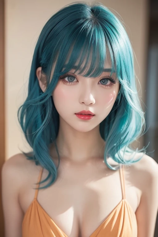   light blue hair with a slender body , Turquoise Eye,  has long eyelashes, Big Red Lips,  apricot eyes,  beauty,  Girly , Curly Hair,  princess