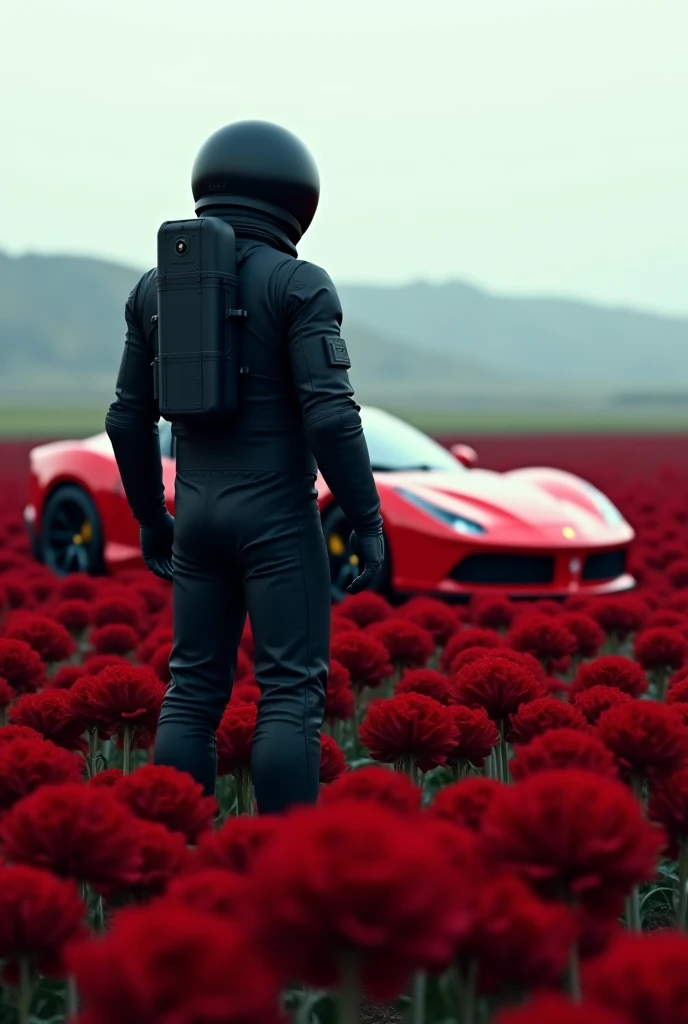 Astronaut in black suit , In front of the car a red Ferrari in a field of black roses