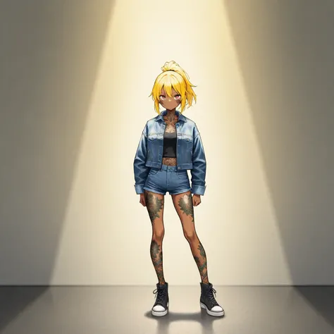  One beautiful woman、  ponytail、yellow hair、  matte brown skin 、 thin legs、 denim jacket 、  SHORT JEANS  、 perfect face、 Masterpiece,  anatomically correct,  top quality,  textured skin, Full body tattoo/Japanese carving/、 movie light effects, 