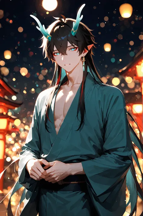 1boy, solo, male focus, dan heng (imbibitor lunae) /(honkai: star rail)/, long hair, dragon horns, sexy man, intricate male kimono, night, stars, bokeh, masterpiece, best quality, amazing quality, very aesthetic, absurdres, modern, recent, newest