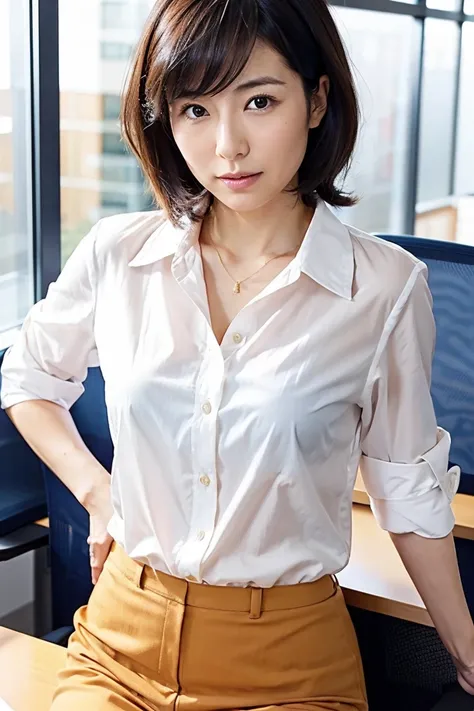 35-year-old Japanese woman with small breasts and short black hair、 open chest shirt、At the office