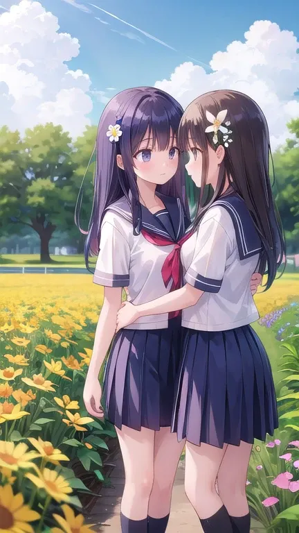 ( Masterpiece),  2girls,    school uniform,   flower hair ornament,   Flower Field ,  ,  Yuri,  