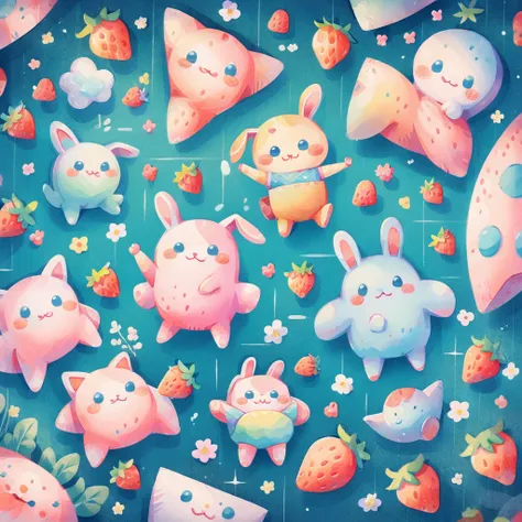  cute、 Sanrio、 plush toy、 wear a blue rabbit costume that loves strawberries、colorful geometric pattern background 、 characters、 stickers 、