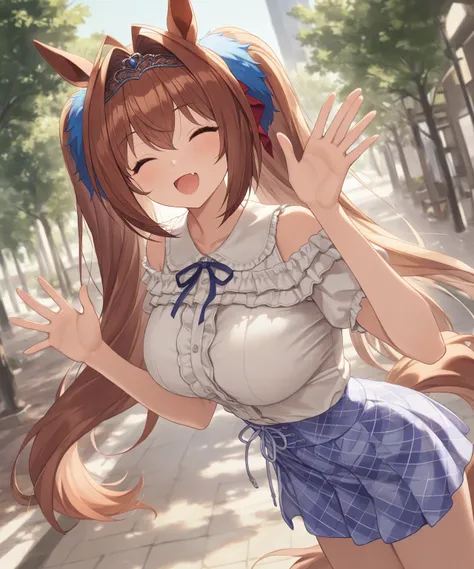 very awa, masterpiece, best quality, newest,  highres, absurdres、 There is only one 、 Daiwa Scarlet、Uma Musume　 Daiwa Scarlet、 twin tails、Reddish brown hair、 c cup breasts、light brown hair、 white ruffled clothes、 pale light blue skirt 、Outdoors、Lush green ...