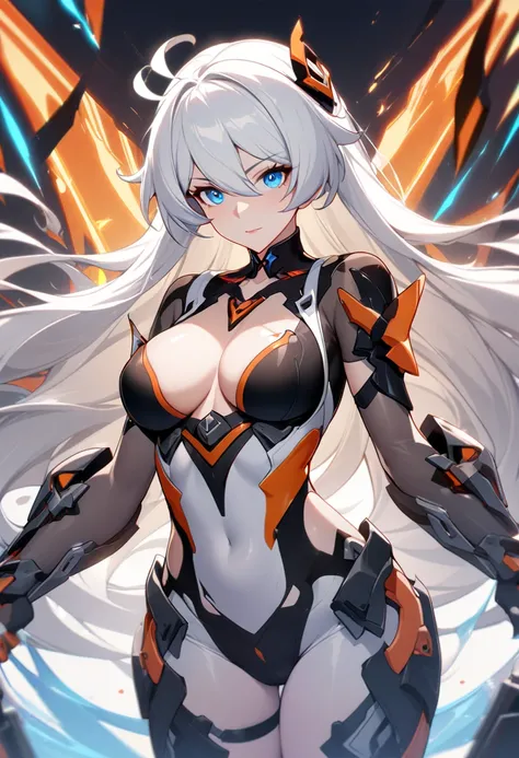 1 girl,mature girl,Kiana Kaslana,Honkai Impact,white hair,shiny hair,2 eyes colors,1 blue eye,1 orange eye,beautiful long hair,beautiful eyes, high quality,beautiful,hyper,masterpiece,perfect body, nice body, curvy,armor,hyper quality,high quality, perfect...