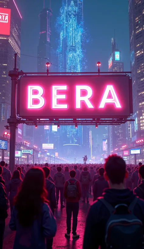 Bera Written On The Hording, In Background Blockchain, Huge Crowd Standing and watching it, Glowing Neon Effect 