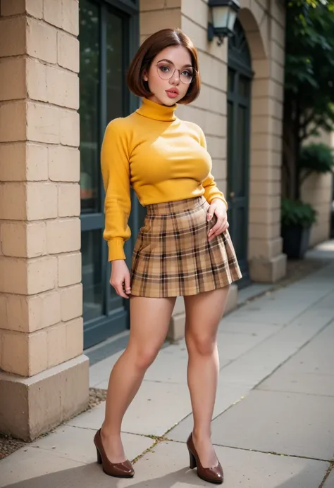 Full body shot, legs in sight, Meg,  1girl,  short hair,  brown hair , Breasts, glasses, thick lips, ,   yellow sweater,  brown checkered skirt , brown shoes