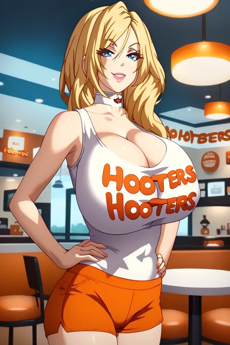 score_9, score_8_up, score_7_up, source_anime, rating_explicit, BREAK, 1girl, solo, matsudef, Miria Matsubara, long hair, golden blonde hair, blue eyes, mature woman smile,((looking at viewer)), bare shoulders, cleavage, hooters uniform, hooters, white tan...