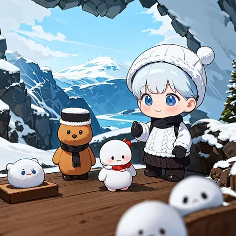  The scene below is expressed using small character dolls.（ Photoreal、 Mr. A taking a commemorative photo at the Vatnajökull Glacier Cave、smile、Cute Winter Clothes、  knitted hat  、Wool gloves、右手を上げる）