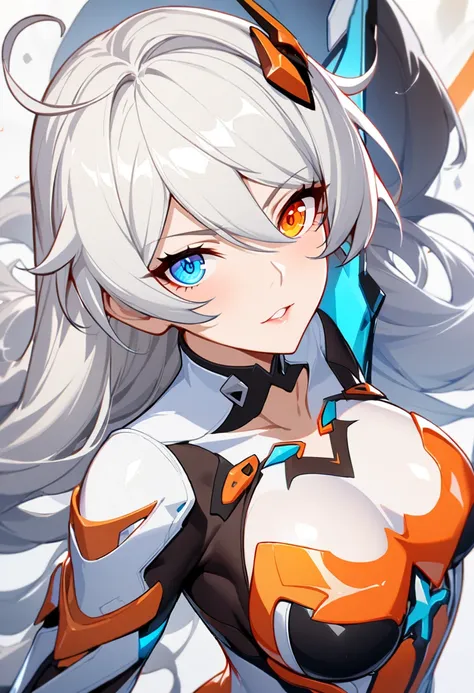 1 girl,mature girl,Kiana Kaslana,Honkai Impact,white hair,shiny hair,2 eyes colors,1 blue eye,1 orange eye,beautiful long hair,beautiful eyes, high quality,beautiful,hyper,masterpiece,perfect body, nice body, curvy,armor,hyper quality,high quality, perfect...