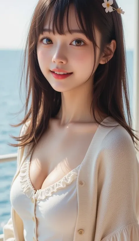 The photo is、海岸を背景にした、 It shows the full body of a very attractive 20-year-old Japanese woman 。
 Strong light hits her and makes her emerge brightly 。
 The background in that photo represents the coast {x} her beautiful hair is semi-long with half up、She i...