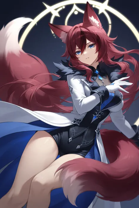  fox ears、dark red hair、 long hair、Fox Tail、midnight blue eyes、 best thighs、 Genshin、Feather、Halo、 beautiful skin、Clear shadows、front、 long coat