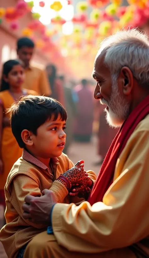 A young boy talking to the boy mehendi vendor at the mehendi ceremony.real photo 