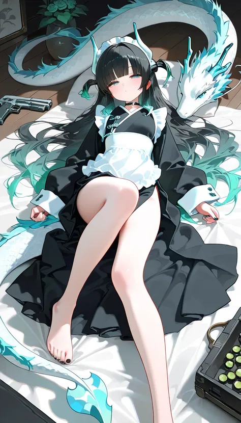 1girl, mint eyes, half closed eyes, black Hair, mint Gradient Hair, blunt bangs, dragon horns, dragon tails, small Breast, maid, high-waist, long Side slit skirt, Choker, bare legs, foot, toenails, black nails, masterpiece, best quality, Perfect details, p...